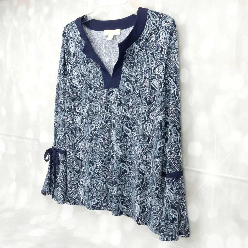 Michael Kors Paisley V-Neck Pull Over Long Sleeve Blouse Top W/Sleeve Ties - Picture 1 of 7